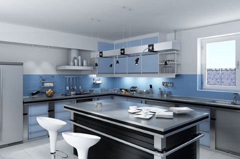 Modular Kitchen Cabinets on Black Kitchen Island Contrast To White And Pale Blue Walls   Kitchen