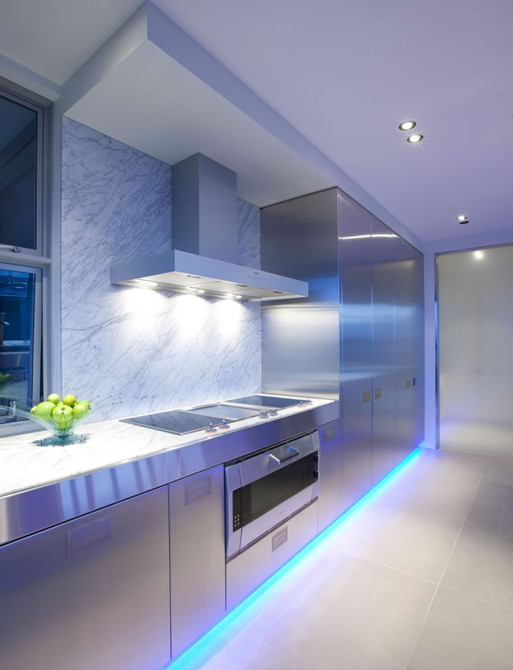 kitchen lighting in blue light with european kitchen style